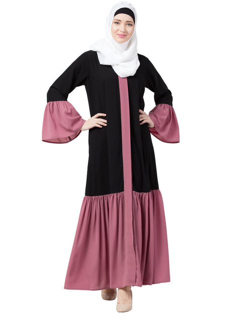 Women Front Open Contrast Bottom And Bell Sleeve Abaya Black