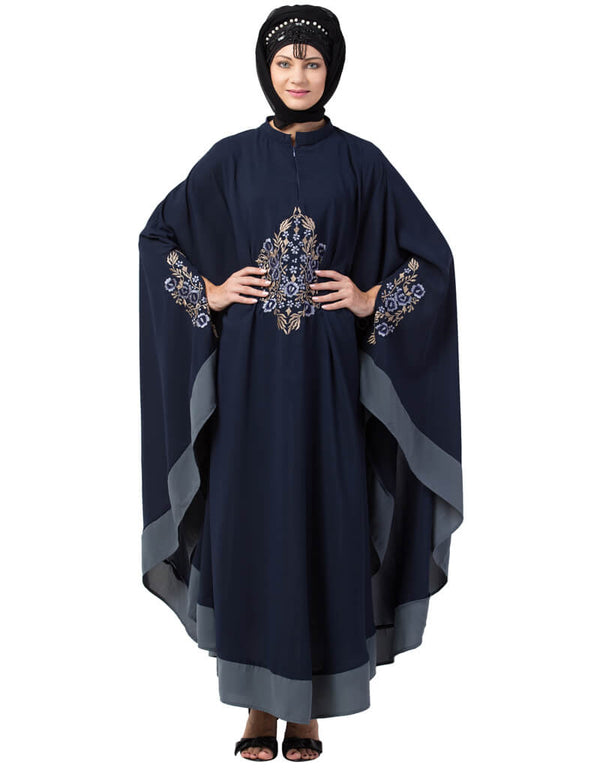 Trendy Center Embroidered with Contrast band Irani Kaftan Navy Blue