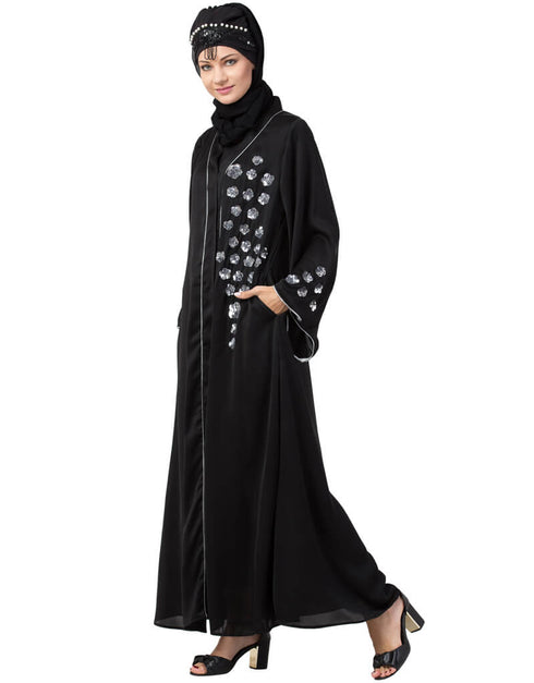 Trendy Front open Hand embroidered Nida Dubai Kaftan Black
