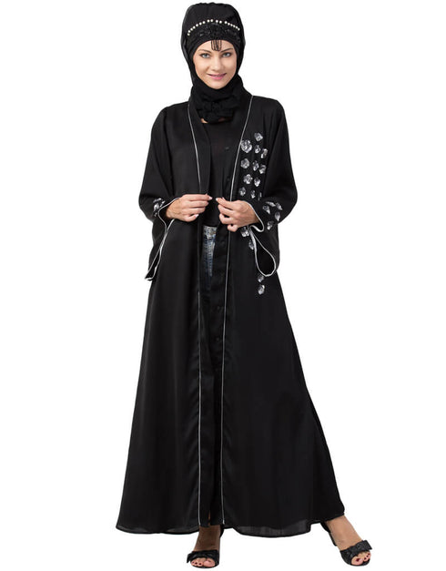 Trendy Front open Hand embroidered Nida Dubai Kaftan Black
