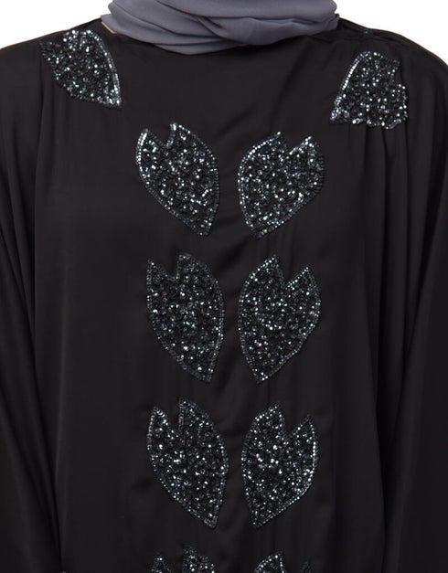Modest Front and Sleeve hand embroidered Kaftan Black