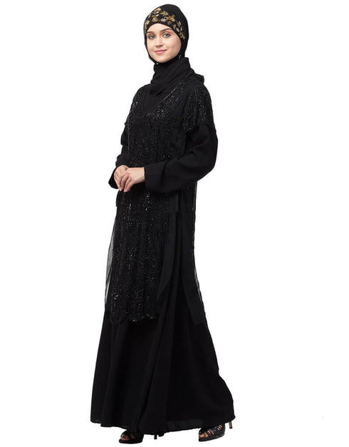 Islamic Two Piece Front and Back fully Beaded Party Abaya Black