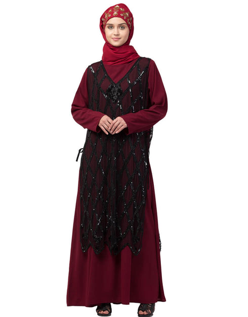 Arabic Two Piece Diamond cut fully Beaded Front and Back Party Abaya Black