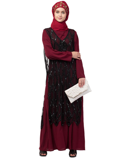 Arabic Two Piece Diamond cut fully Beaded Front and Back Party Abaya Black