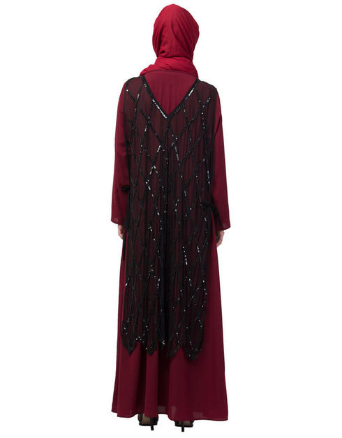 Arabic Two Piece Diamond cut fully Beaded Front and Back Party Abaya Black