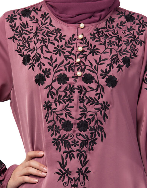 Trendy Neck and Sleeve Resham Embroidered A line Party Abaya Pink