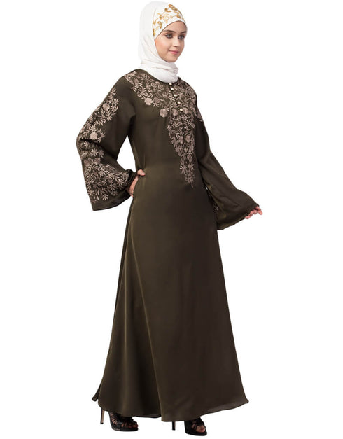 Modern Neck and Sleeve Resham Embroidered A line Party Abaya Green