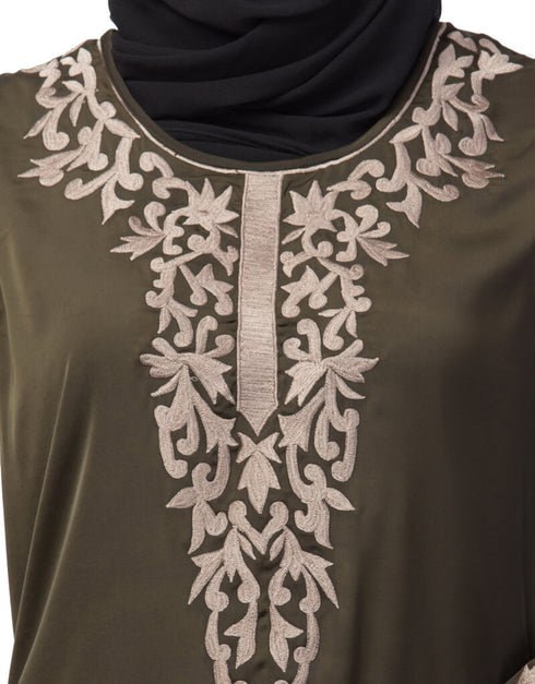 Dubai Front and Sleeve Resham embroidered A line Abaya Green