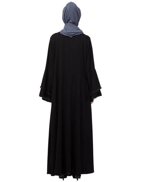 Women Pleats and Beads with Bell sleeve Abaya Black