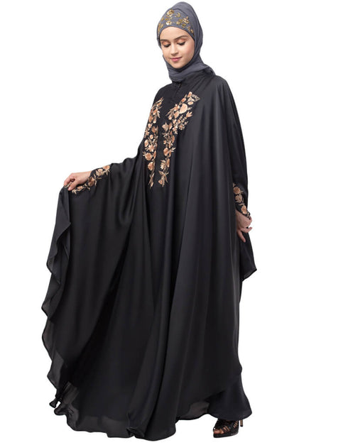 Muslimah Neck and Sleeve Embroidered Irani Kaftan Dark Grey
