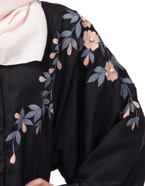Muslim Front to back resham embroidery Front open Dubai Style Kaftan cum Abaya Black