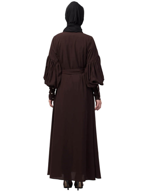 Modest Long cuff full balloon sleeve with belt A line Abaya Brown