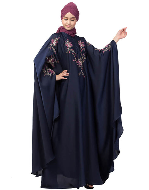Islamic Front and sleeve resham embroidery Irani Kaftan Navy Blue