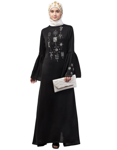 Islamic Hand embroidery on front and bell sleeve A line Abaya Black