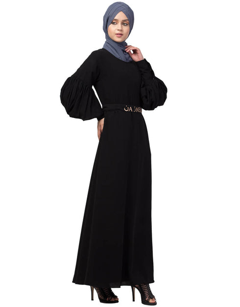 Muslimah Long cuff full balloon sleeve with belt A line Abaya Black