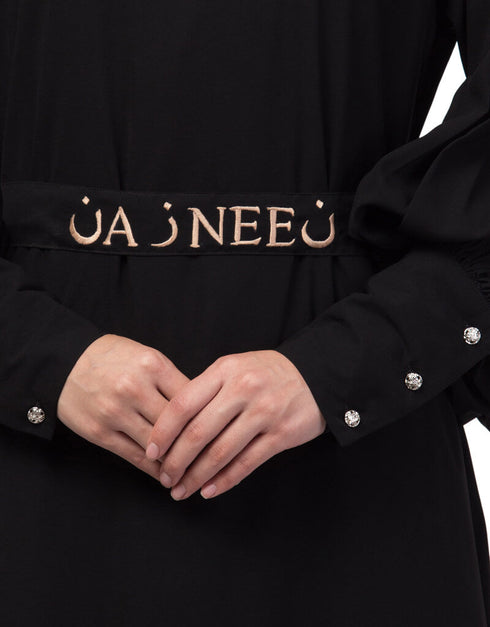 Muslimah Long cuff full balloon sleeve with belt A line Abaya Black