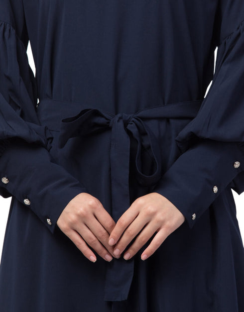 Dubai Long cuff full balloon sleeve with belt A line Abaya Navy Blue