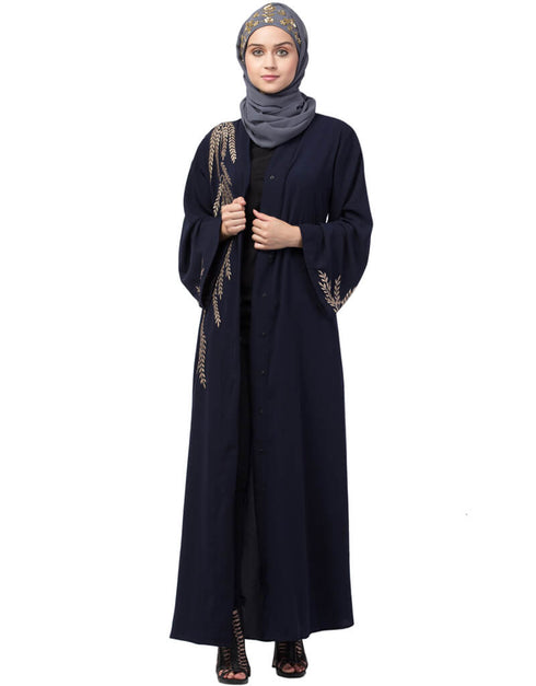 Muslim One side and sleeve Resham Embroidery front open Abaya Navy Blue