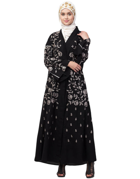 Trendy Full Zari embroidered front open part Abaya Black
