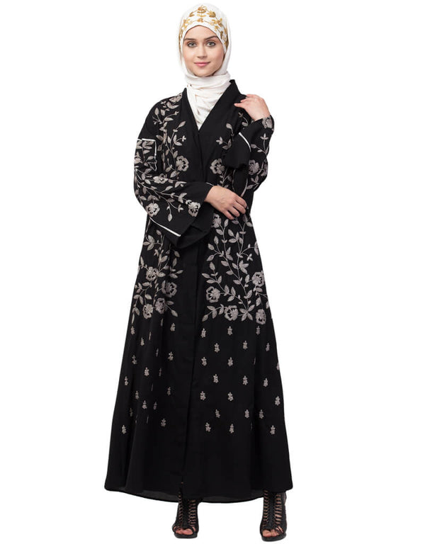 Trendy Full Zari embroidered front open part Abaya Black