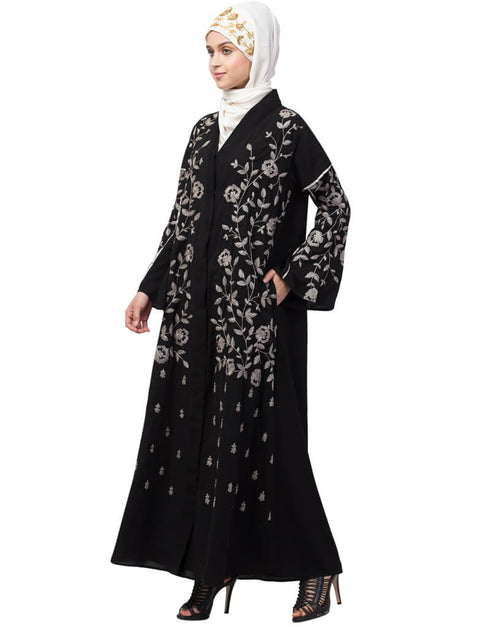 Trendy Full Zari embroidered front open part Abaya Black