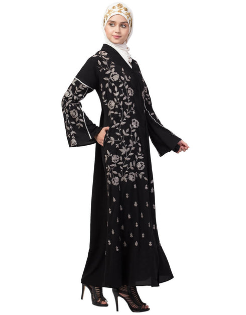 Trendy Full Zari embroidered front open part Abaya Black