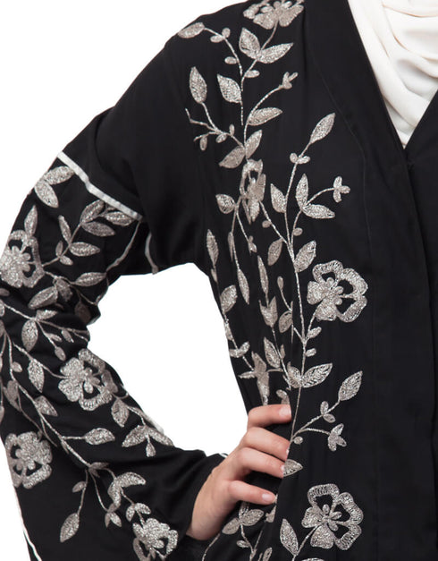 Trendy Full Zari embroidered front open part Abaya Black