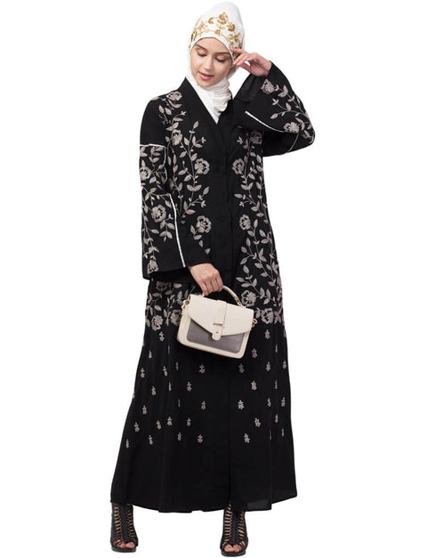 Trendy Full Zari embroidered front open part Abaya Black