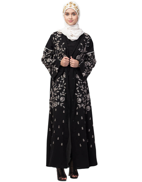 Trendy Full Zari embroidered front open part Abaya Black