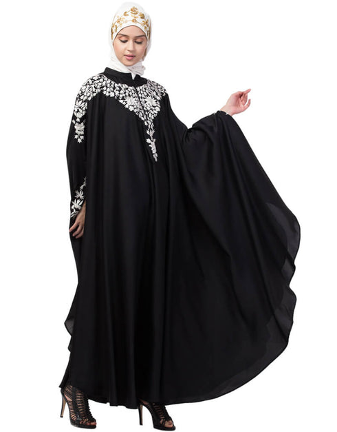 Modern Front to back and hand opening Resham Embroidery Irani Kaftan Black