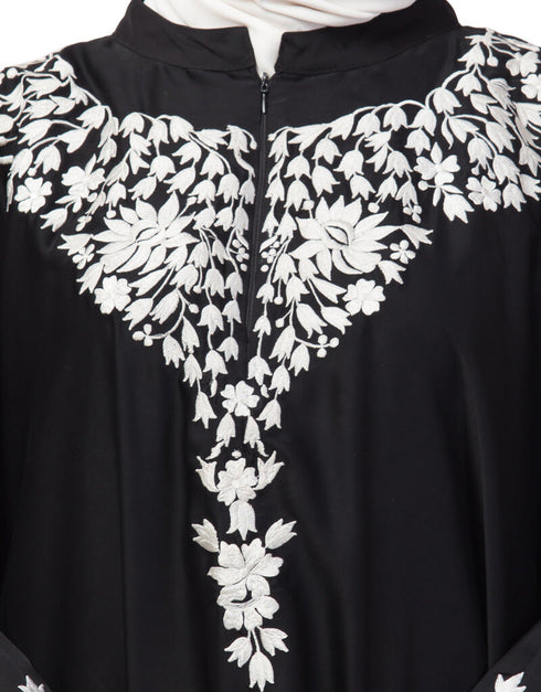 Modern Front to back and hand opening Resham Embroidery Irani Kaftan Black