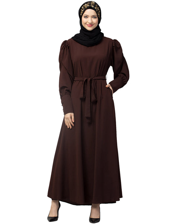 Arabic Long Cuff Gathered Puffed Sleeve Brown Color Abaya Brown