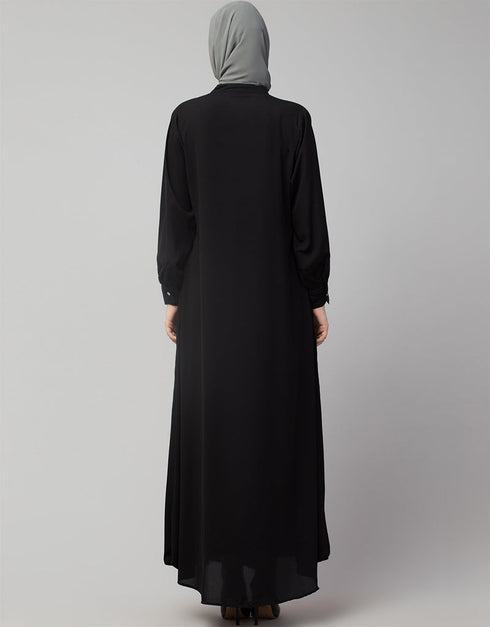 Modest Front Open with Silver Embroidery Casual Abaya In The Color Black