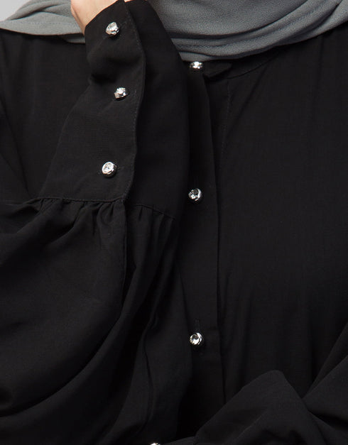 Islamic Front Open long Cuff Gathered Puffed Sleeve Casual Abaya in the Shade Of Black