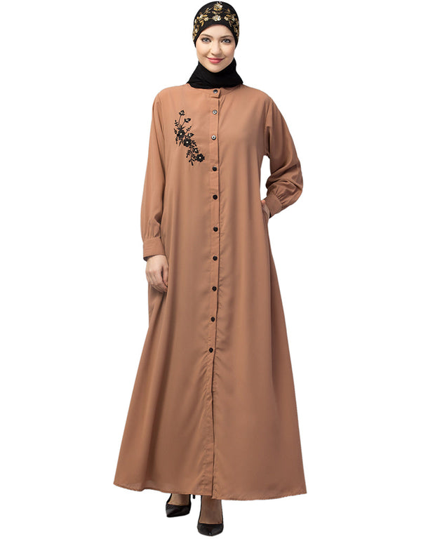 Arabic Front Open with Black Embroidery Casual Abaya In The Color Skin