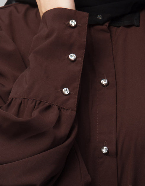 Muslimah Front Open long Cuff Gathered Puffed Sleeve Casual Abaya in the Shade Of Chocolate