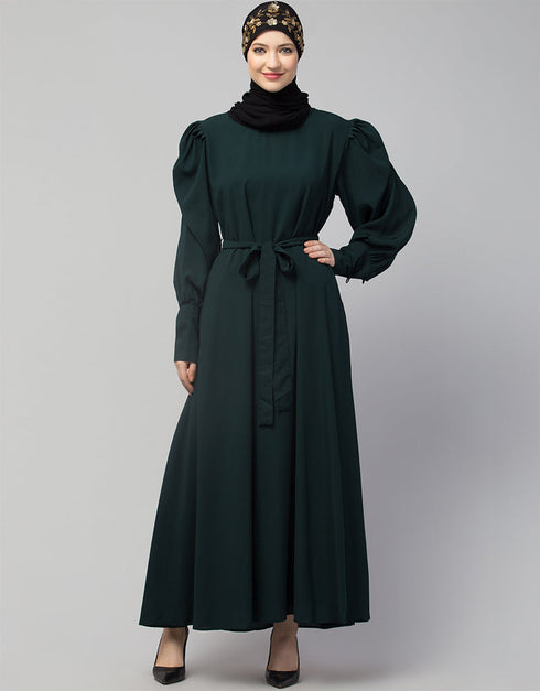 Muslim Long Cuff Gathered Puffed Sleeve with Bet A line Abaya in the Shade Of Green