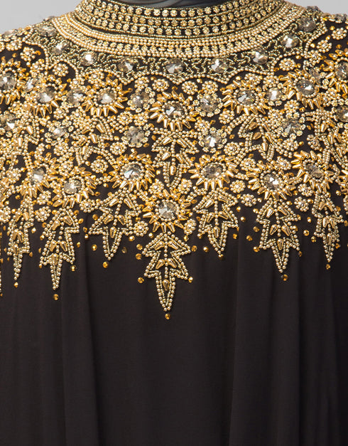 Trendy Double Layers Hand Copper Embroidered Kaftan In the Shade of Black