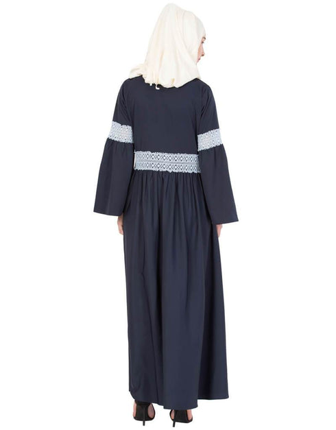 Modern Lace at waist and sleeve classic abaya Blue
