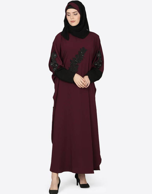 Muslim Patch Contrast Cuff Wine Kaftan Wine