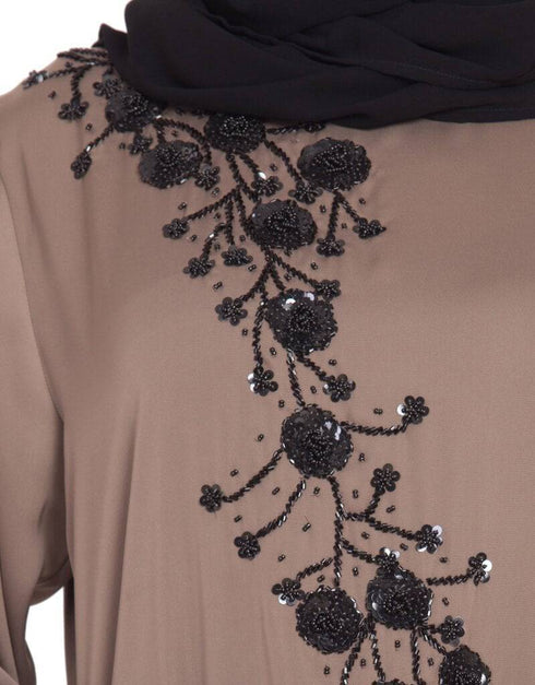 Chic Hand work beads embellished Party Abaya Brown