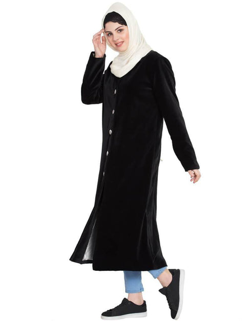 Islamic Velvet Front open Coat Abaya Black
