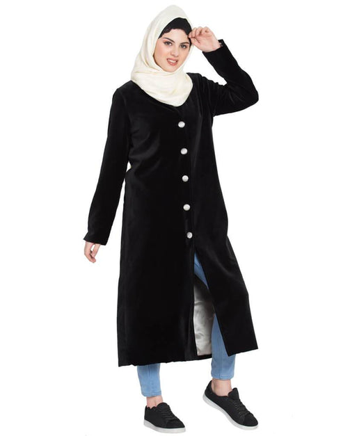 Islamic Velvet Front open Coat Abaya Black