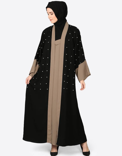 Muslim contrast band cuff pearls beaded Dubai Kaftan Black