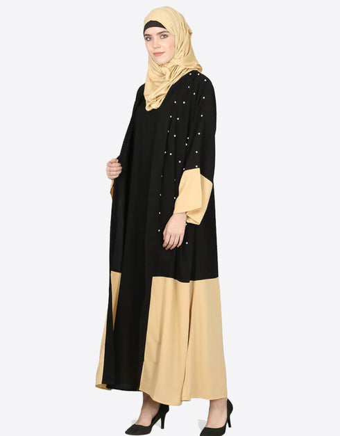 Islamic Contrast bottom cuff pearls beaded with inner Dubai Kaftan Black