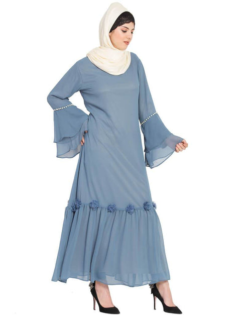 Muslimah Bell Sleeve flowers around knee party Abaya Blue