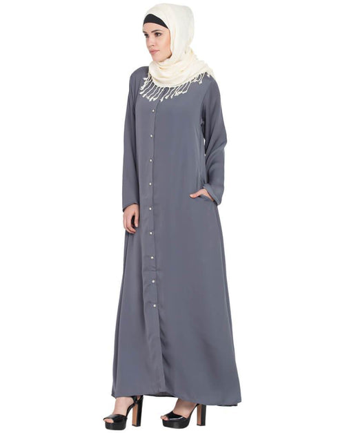 Trendy Decorative Button Front Open Abaya Grey