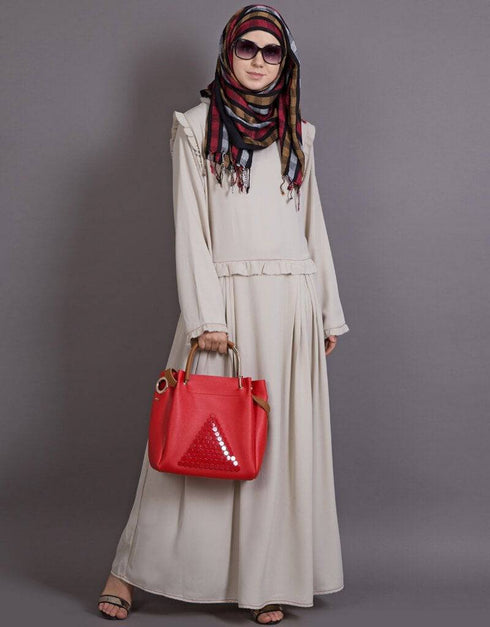 Arabic Raw/frayed Edge Pleats at Waist Funky Abaya Cream