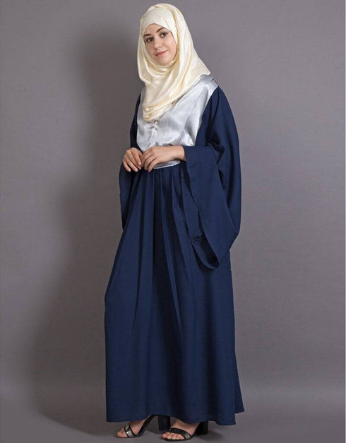 Muslim Contrast Yoke Bell Sleeve Bohemian Abaya Blue