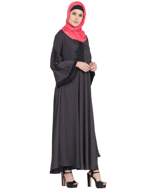 Islamic Embroidered Patch Umbrella Grey Abaya Grey